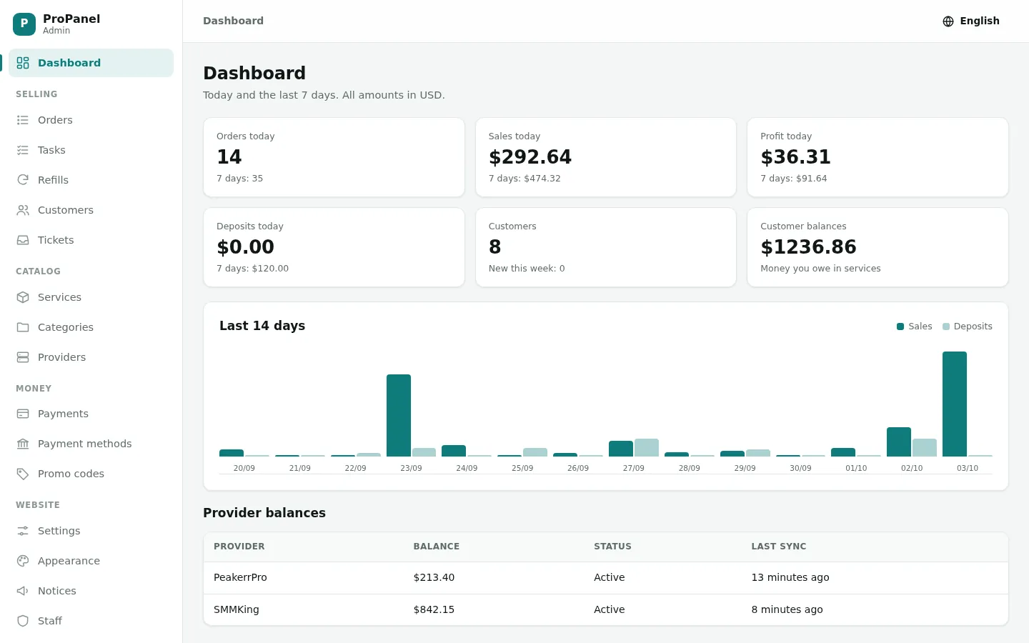 Admin dashboard of a panel